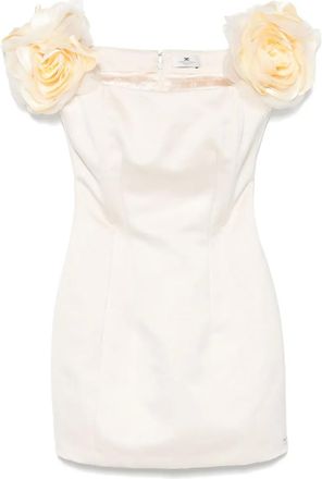 Elisabetta Franchi Abito corto in raso con applicazione floreale - Toni neutri