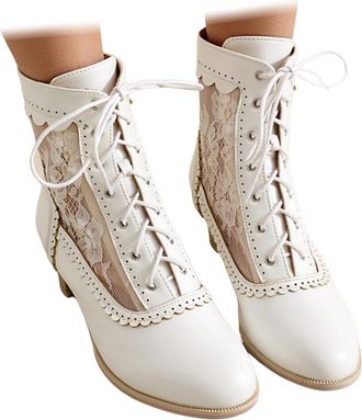Generic Womens Traditional Oktoberfest Shoes Bavarian German Dirndl Dance Shoe Short Boots Block Mid Heel Party Footwear with Semi-Transparent Lace Mesh White