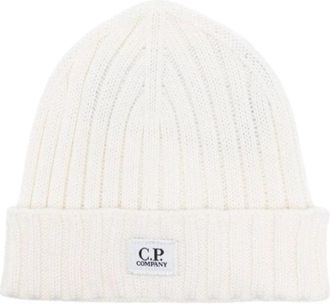 C.P. Company Merino Wol Logo Beanie - Heren - Hoeden - Wit - ONE Size - Wol - Accessoires