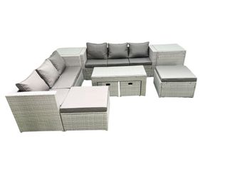 Fimous Outdoor Rattan Garden Furniture Set with Grey Cushions Luxury 10 Seater with Coffee Table & 2 Side Tables For Conservatory, Patio in Light Grey