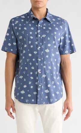 14th & Union Short Sleeve Linen Blend Shirt in Blue Vintage Coral Shore at Nordstrom Rack, Size Xx-Large