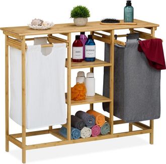 Relaxdays Scaffale Portabiancheria, 2 Cesti Estraibili Biancheria e 4 Ripiani Detersivi, 80x100x32 cm, Bambù, Naturale - Relaxdays