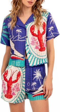 Agua Bendita Prim Alina Crop Cotton Cover-Up Shirt in Blue Multicolor at Nordstrom, Size Medium