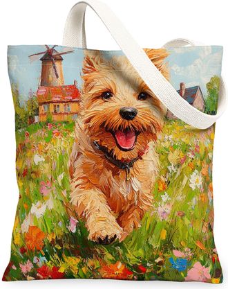 Generic Spring Lakeland Terrier Dog Canvas Tote Bag for Shopping 13x15, Country Garden Puppy Reusable Grocery Print Pattern Bag for Women, Fun Flower Pet Beac
