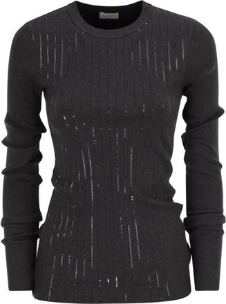 Brunello Cucinelli Top met lange mouwen en ribbels met pailletten - Dames - Ronde hals truien - Grijs - S - Pailletten - Truien & Vesten