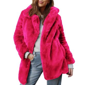 Generic Womens Faux Fur Coat Fuzzy Fleece Jackets Winter Warm Lapel Overcoats Fluffy Open Front Dressy Cardigan Windproof Outerwear Turndown Thick Plush Therm