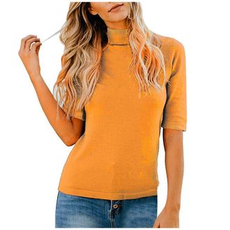 Generic Womens Tops Summer Casual Plain Mock/Turtle Half Neck Tee Sleeve T-Shirt Womens T-Shirts Yoga Apparel (Yellow, L)