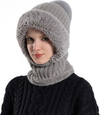 Generic 3 in 1 Beanie Hat for Women, 3 in 1 Cold Resistant Hat with Mask, Hooded Piece Windproof Warm Snow Cap, Soft and Comfortable (Gray)