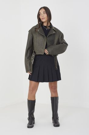 Brave Soul Womens Khaki Vic Faux Leather Cropped Biker Jacket - Size 14 UK