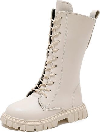 Generic Girls Boots Combat Boots PU Leather Lace Up Side Zipper Booties Mid Calf Platform Boot Little Kid/Big Kid 4-11 Years,White,35