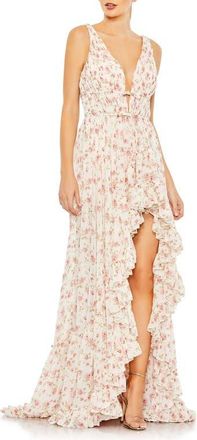 Mac Duggal Floral Print Sleeveless Plunge Neck Ruffle High Low Gown in Pink Multi at Nordstrom, Size 16