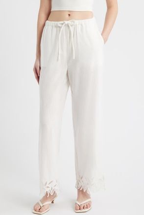 Rails Emmie Cotton & Linen Drawstring Pants in White Palm Embroidery at Nordstrom, Size X-Large