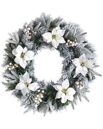 Nearly Natural 24In. Flocked Poinsettia And Pine Artificial Christmas Wreath With 50 Warm White Led Lights