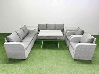 Fimous Rattan High Back Lounge Sofa Set with Reclining Chairs 2 Side Tables in Light Grey