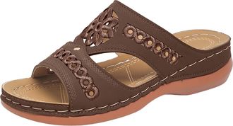 Generic Womens Floral Cut Out Flat Sandals Summer Casual Open Toe Slides Comfortable Walking Shoes for Women Breathable Daily Beach Slippers with Arch Support