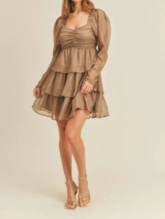 Merci Madeline Shirred Ruffle Tier Layer Mini Dress In Mocha Gold Foil