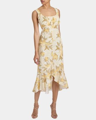 Santorelli RINA Sleeveless Hi Lo Dress in Floral Cotton Cloque in Chamomile at Nordstrom, Size 14