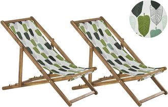 Beliani Beliani - Conjunto De 2 Tumbonas De Jard&iacute;n Madera Clara Verde Blanco Floral Reclinable Plegable Anzio
