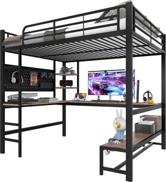 STILVORA Cama Alta 140 X 200 Cm Con Escritorio, Estantes, Panel Perforado, Usb Y Tipo-c, Sin Colch&oacute;n, De Metal Y Mdf, Negro