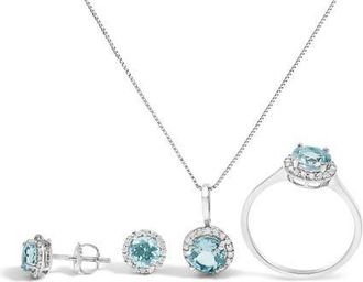 House of Brilliance 10K Gold Gemstone and 3/8 Cttw Diamond Halo Jewelry Set in White | Blue Aquamarine at Nordstrom