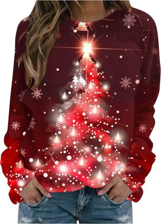 Generic Light Up Christmas Jumper for Women Xmas Tree Print Sparkly Tops Funny Christmas Jumpers for Women UK Classic Long Sleeve Crew Neck Sweatshirt Xmas Pu