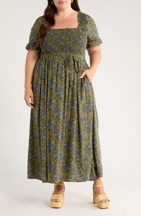 Chelsea28 Smocked Ruffle Maxi Dress in Navy- Yellow Jasmine Boho at Nordstrom Rack, Size 3X