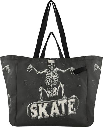 Generic Skeleton Skateboard Black print Reusable Canvas Tote Bag, Heavy Duty Grocery Shopping Bag with Double Handles Large Capacity Hard Bottom Work Grocerie