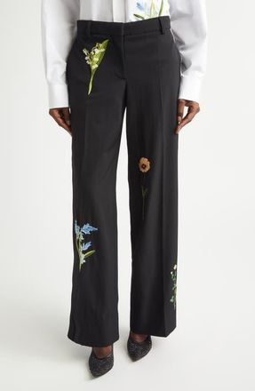 Stella McCartney Embroidered Wool Straight Leg Pants in Black at Nordstrom, Size 14 Us