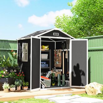 OUTSUNNY Garden Shed 6x4.5 Plastic Tool Storage House Lockable Double Doors in Black