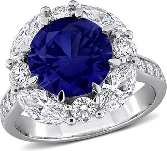 Mimi & Max Created Forever 4 3/4ct TGW Created Blue Sapphire 2ct TW Lab-Grown Diamond Halo Ring Sterling Silver