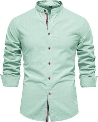 Generic Mens Cotton Shirts Long Sleeved Stand-up Collar Button Down Oxford Shirt Casual Plain Smart Work Business Formal Green