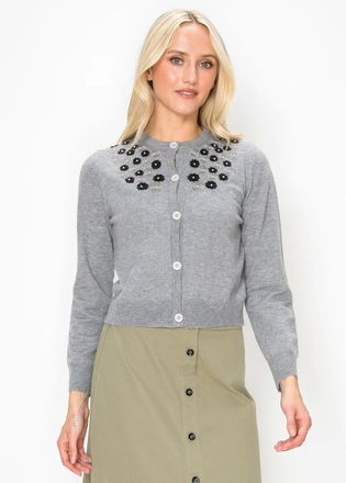 YAL New York Grey Cardigan with Floral Pearl Yoke