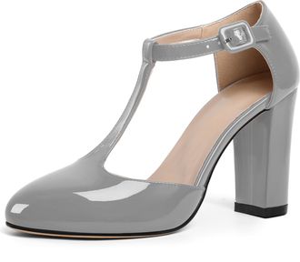 EDEFS Womens Grey Patent Mary Jane Heels with T Strap 3.5 Inch Block Heel Court Shoes Closed Toe Dress Heels for Party Wedding and Work UK2