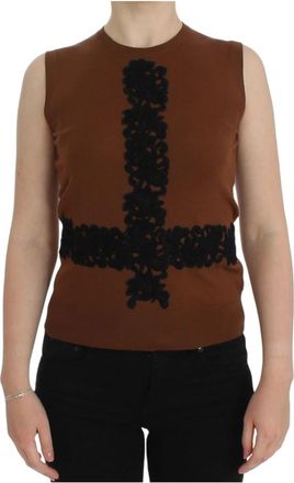 Dolce & Gabbana Sicily Kant Wol Mouwloos Vest - Dames - Tops zonder mouwen - Bruin - XS - Wol - Tops