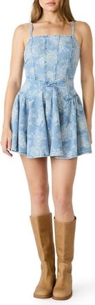 Steve Madden Frencesca Floral Pattern Denim Minidress in Mixed Indigo at Nordstrom, Size 10