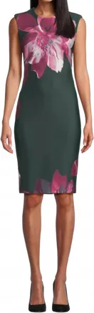 Calvin Klein Cal Sleeve Floral Sheath Dress In Grey/aubergine Mutli