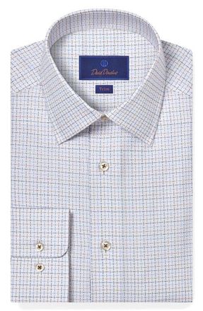 David Donahue Trim Fit Dobby Check Dress Shirt in White/Dune at Nordstrom, Size 15.5 - 34