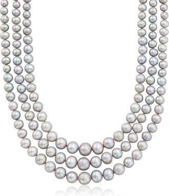Ross-Simons 6-11.5mm Gray Cultured Pearl Graduated 3-Strand Necklace With 14kt Yellow Gold