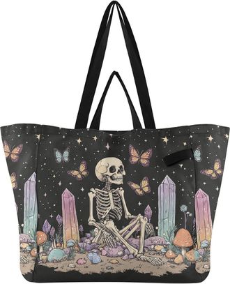 Generic Butterfly Skull Black pattern Reusable Canvas Tote Bag, Heavy Duty Grocery Shopping Bag with Hard Bottom Large Capacity Double Handles Work Groceries 