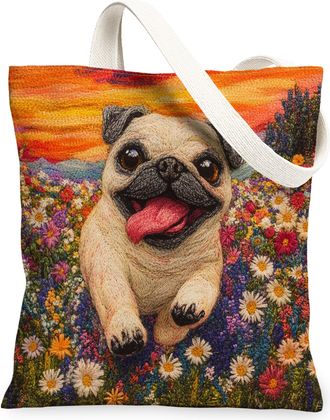 Generic Spring Golden Retriever Dog Canvas Tote Bag for Shopping 13x15, Knitting Style Garden Puppy Reusable Grocery Print Bag for Women, Fun Pet Beach Aesthe