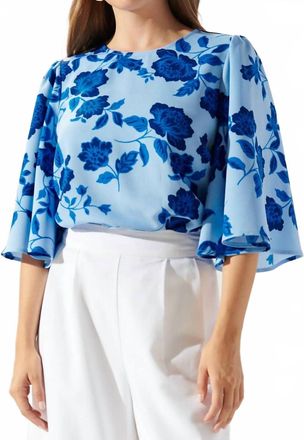 Sugarlips Skyline Floral Flutter Sleeve Top In Blue Navy