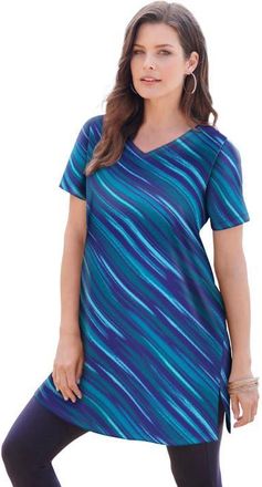Roaman's Plus Size Ultimate Cotton V-Neck Short Sleeve Tunic in Navy Bias Texture at Nordstrom, Size 6X