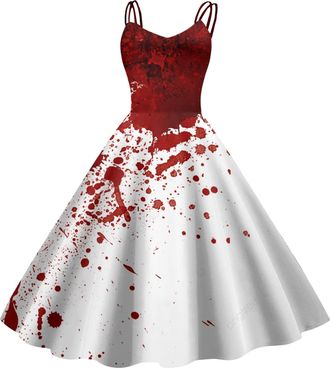 Generic Ladies Halloween Vintage Sleeveless Dress Halloween Fancy Dress Costume Evening Party Spaghetti Strap Swing A-Line Dresses Prom Gown Print High Waist 