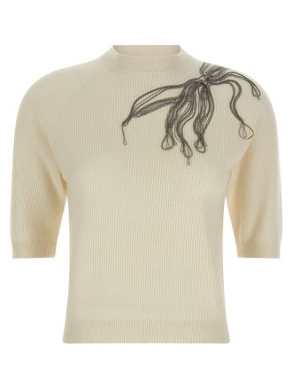 Brunello Cucinelli Shiny Flower Embroidery Sweaters And Cardigans White
