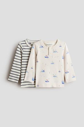 H&M 2-pack Cotton Henley Tops in Light Beige/boats at Nordstrom, Size Newborn