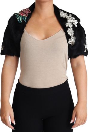 Dolce & Gabbana Womens Black Rabbit Fur Crystals Sequin Coat Clothing