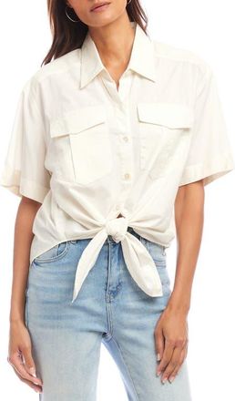 Karen Kane Tie Front Button-Up Shirt in Cream at Nordstrom, Size X-Large