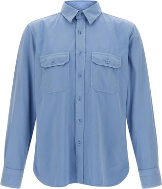 Tom Ford Cotton Silk Faille Military Shirt - Heren - Casual Overhemden - Blauw - 2XL - Katoen - Overhemden