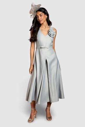 Coast Structured Satin 3D Corsage Midi Dress in Silver at Nordstrom, Size 14