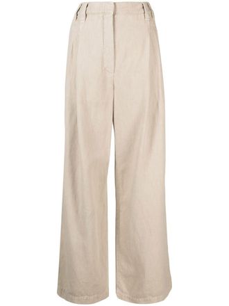 Brunello Cucinelli pleat-detail wide-leg trousers - women - Cotton/Linen/Flax - 42 - Neutrals